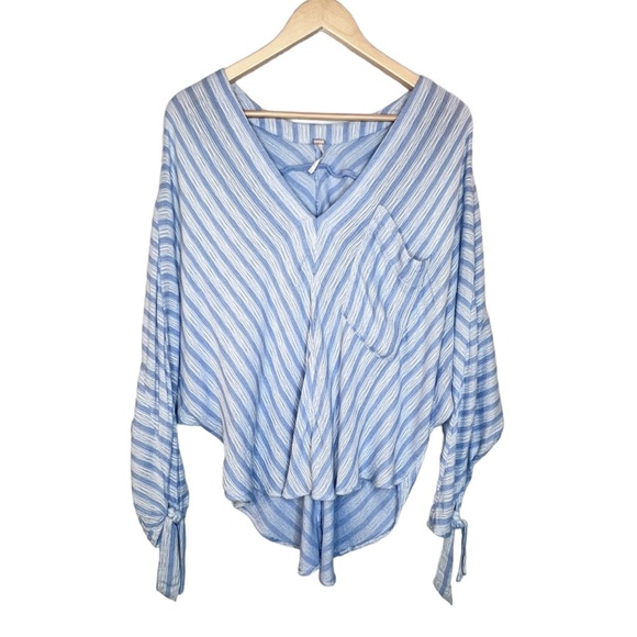 Free People Morning Solid Blue White Striped Long Sleeve Top Large Dolman Sleeve - Picture 2 of 16